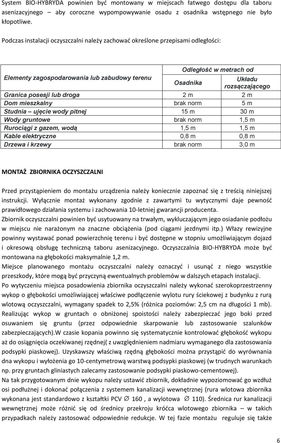 lub droga 2 m 2 m Dom mieszkalny brak norm 5 m Studnia ujęcie wody pitnej 15 m 30 m Wody gruntowe brak norm 1,5 m Rurociągi z gazem, wodą 1,5 m 1,5 m Kable elektryczne 0,8 m 0,8 m Drzewa i krzewy