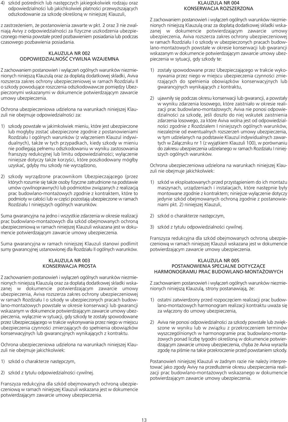 2 oraz 3 nie zwalniają Avivy z odpowiedzialności za fizyczne uszkodzenia ubezpieczonego mienia powstałe przed pozbawieniem posiadania lub podczas czasowego pozbawienia posiadania.
