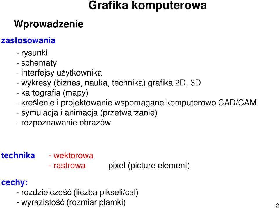 komputerowo CAD/CAM - symulacja i animacja (przetwarzanie) - rozpoznawanie obrazów technika - wektorowa