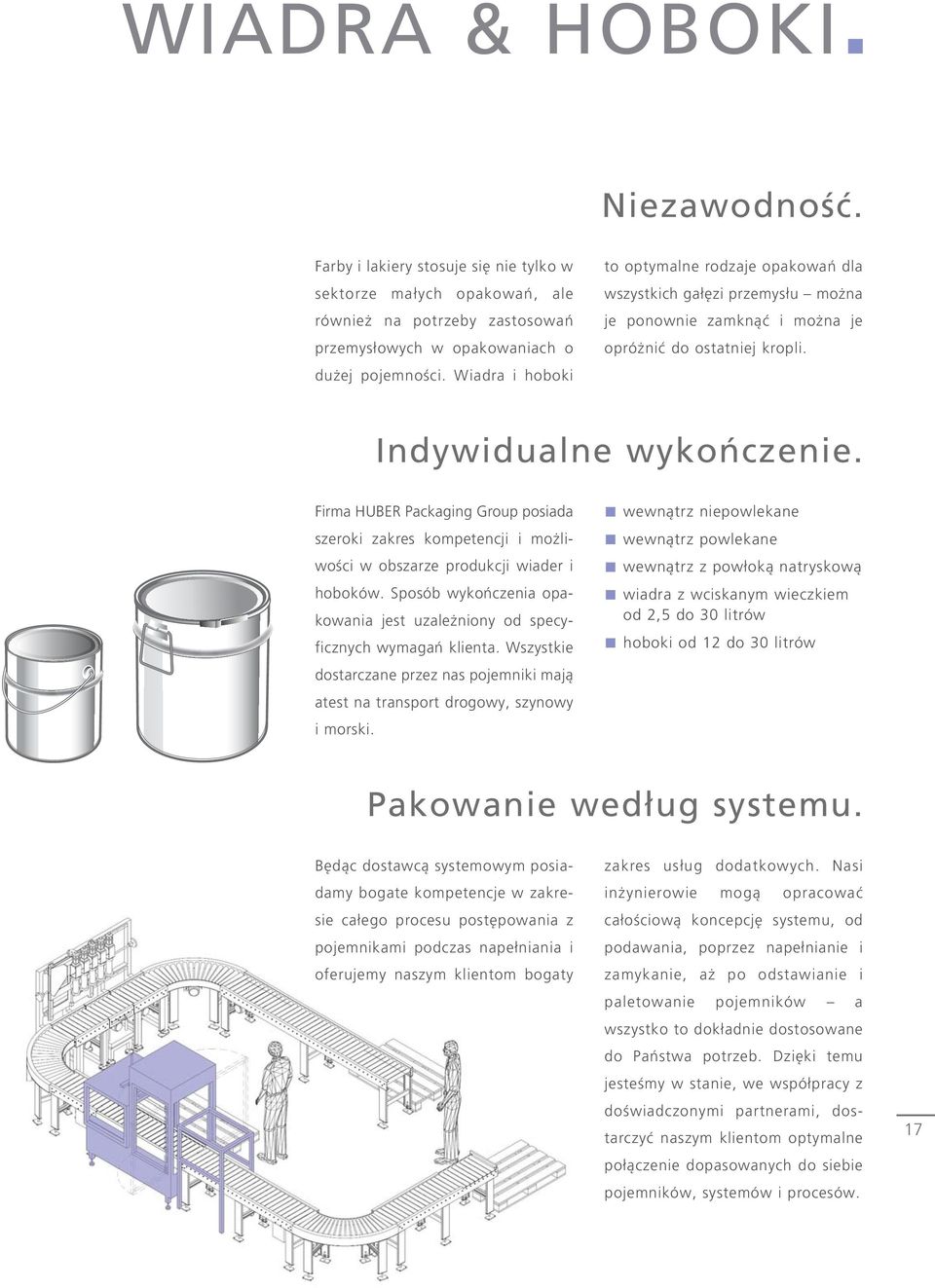 Firma HUBER Packaging Group posiada szeroki zakres kompetencji i możliwości w obszarze produkcji wiader i hoboków. Sposób wykończenia opakowania jest uzależniony od specyficznych wymagań klienta.
