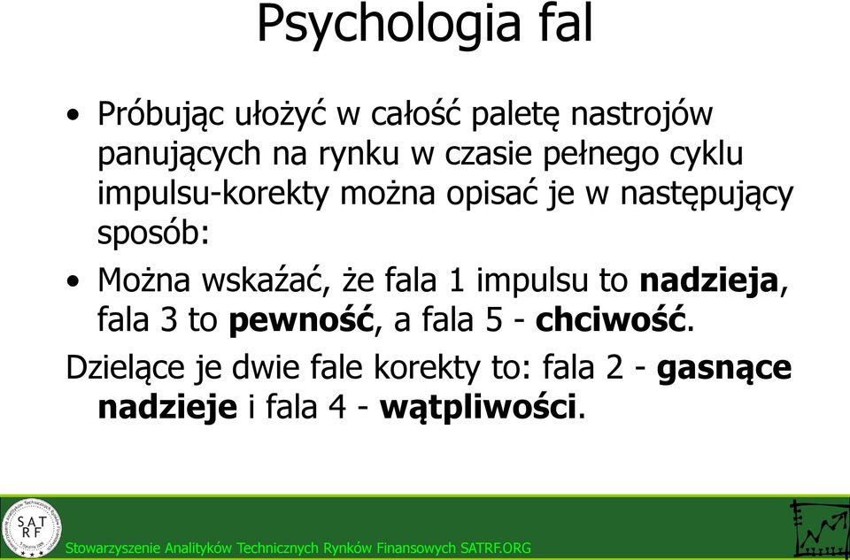 wskaźać, że fala 1 impulsu to nadzieja, fala 3 to pewność, a fala 5 - chciwość.