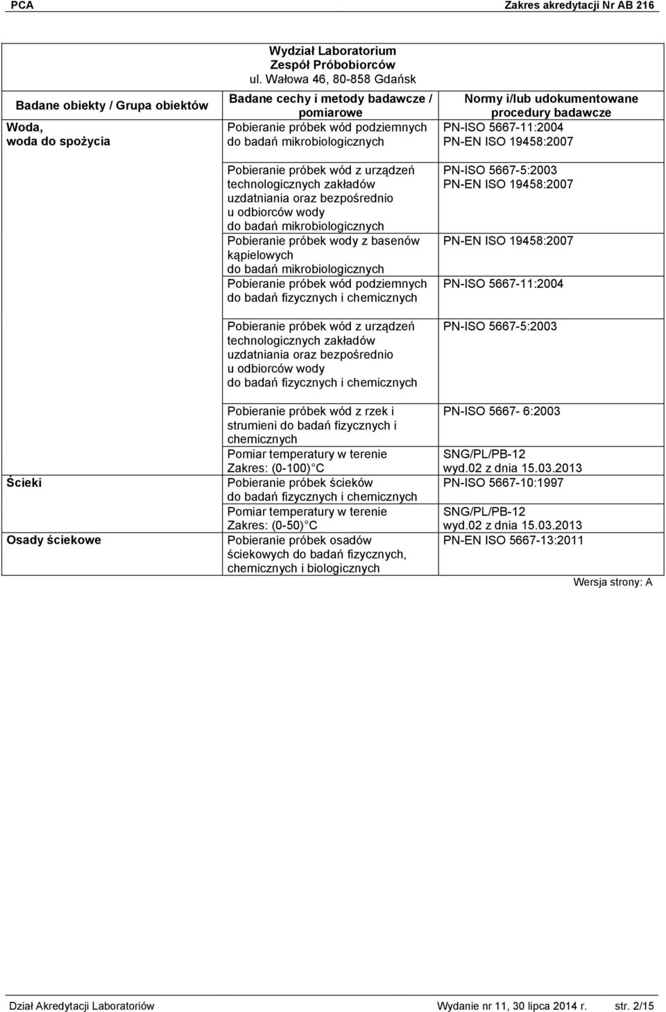 badań mikrobiologicznych Pobieranie próbek wody z basenów kąpielowych do badań mikrobiologicznych Pobieranie próbek wód podziemnych do badań fizycznych i chemicznych Pobieranie próbek wód z urządzeń