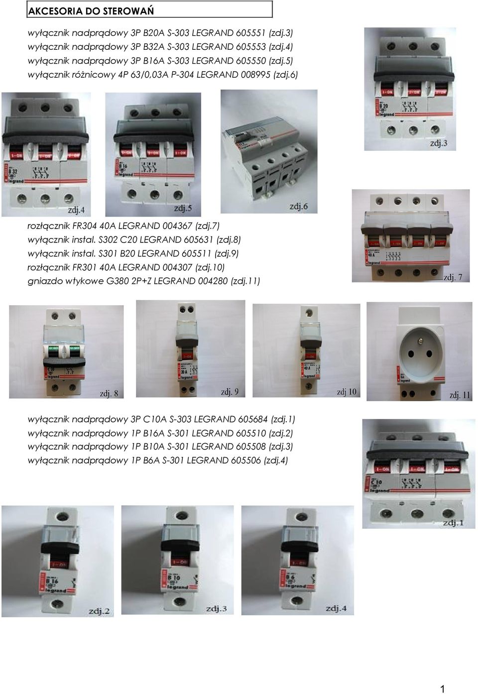 7) wyłącznik instal. S302 C20 LEGRAND 605631 (zdj.8) wyłącznik instal. S301 B20 LEGRAND 605511 (zdj.9) rozłącznik FR301 40A LEGRAND 004307 (zdj.