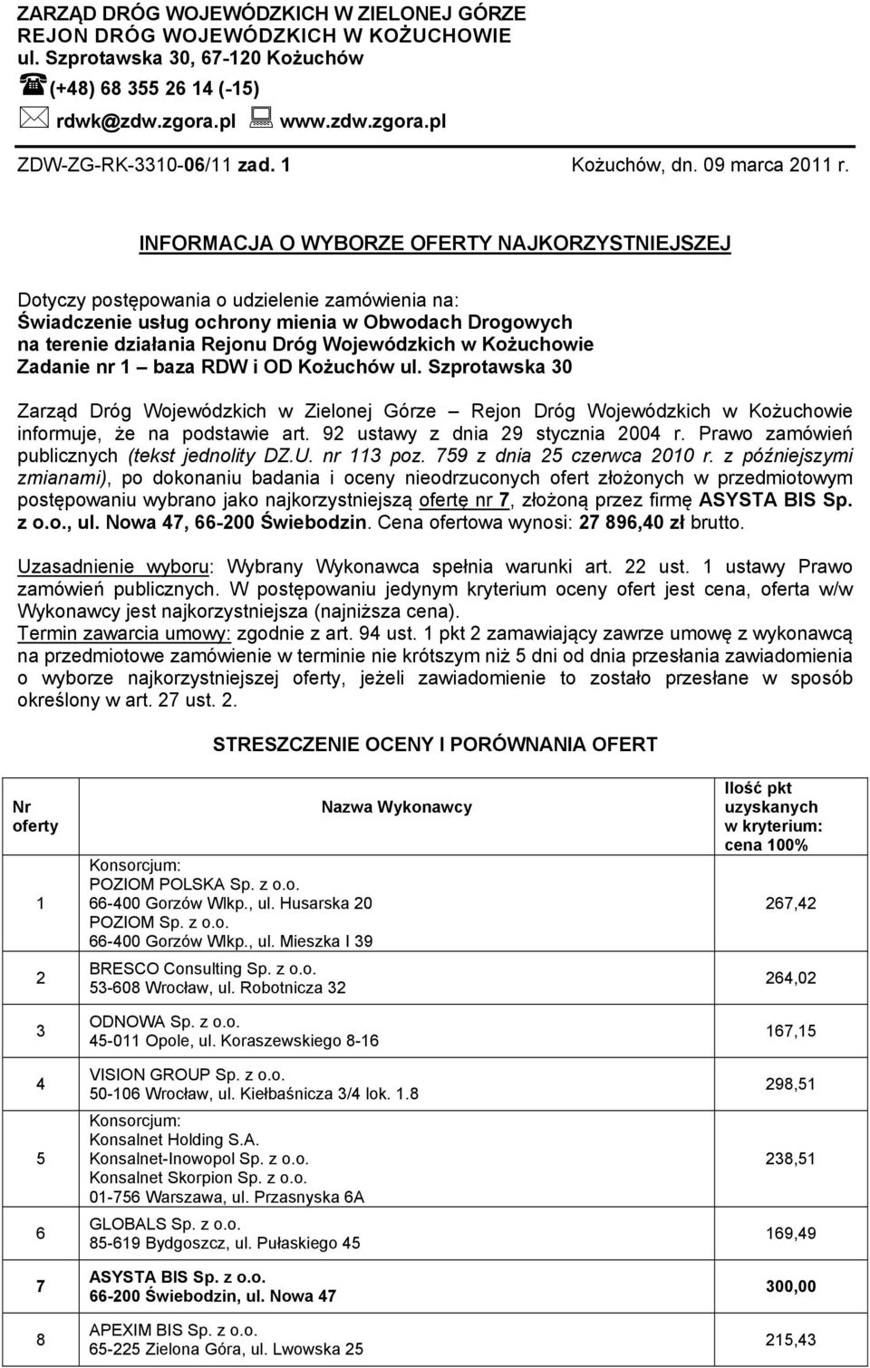 INFORMACJA O WYBORZE OFERTY NAJKORZYSTNIEJSZEJ Dotyczy postępowania o udzielenie zamówienia na: Świadczenie usług ochrony mienia w Obwodach Drogowych na terenie działania Rejonu Dróg Wojewódzkich w