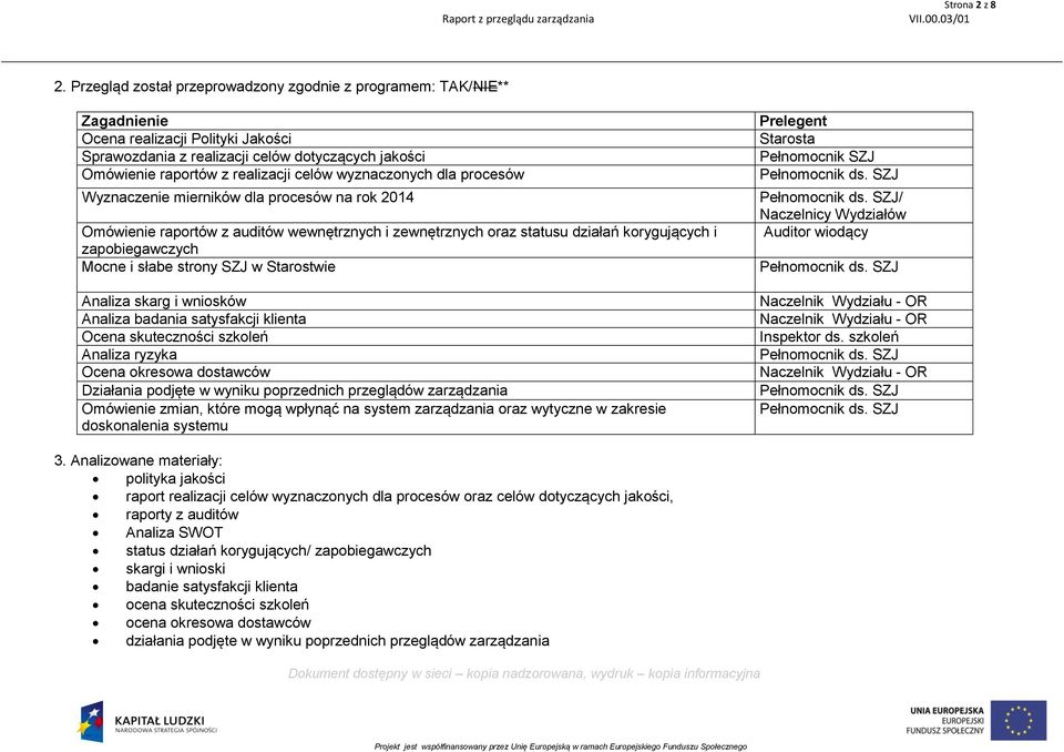 wyznaczonych dla procesów Wyznaczenie mierników dla procesów na rok 2014 Omówienie raportów z auditów wewnętrznych i zewnętrznych oraz statusu działań korygujących i zapobiegawczych Mocne i słabe