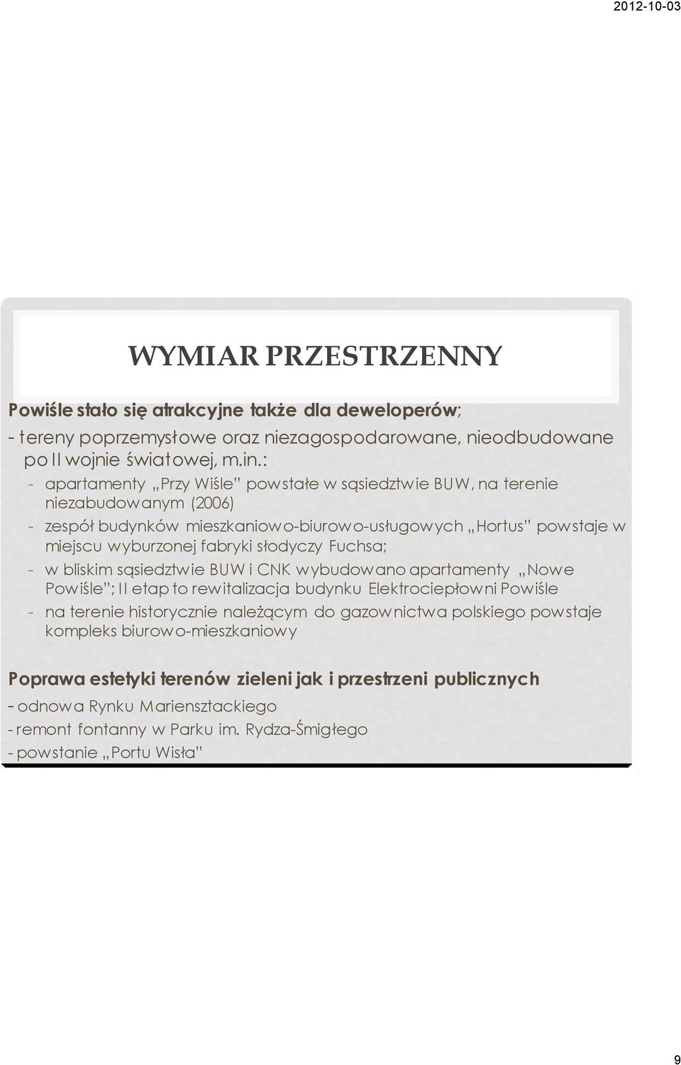 słodyczy Fuchsa; - w bliskim sąsiedztwie BUW i CNK wybudowano apartamenty Nowe Powiśle ; II etap to rewitalizacja budynku Elektrociepłowni Powiśle - na terenie historycznie należącym do