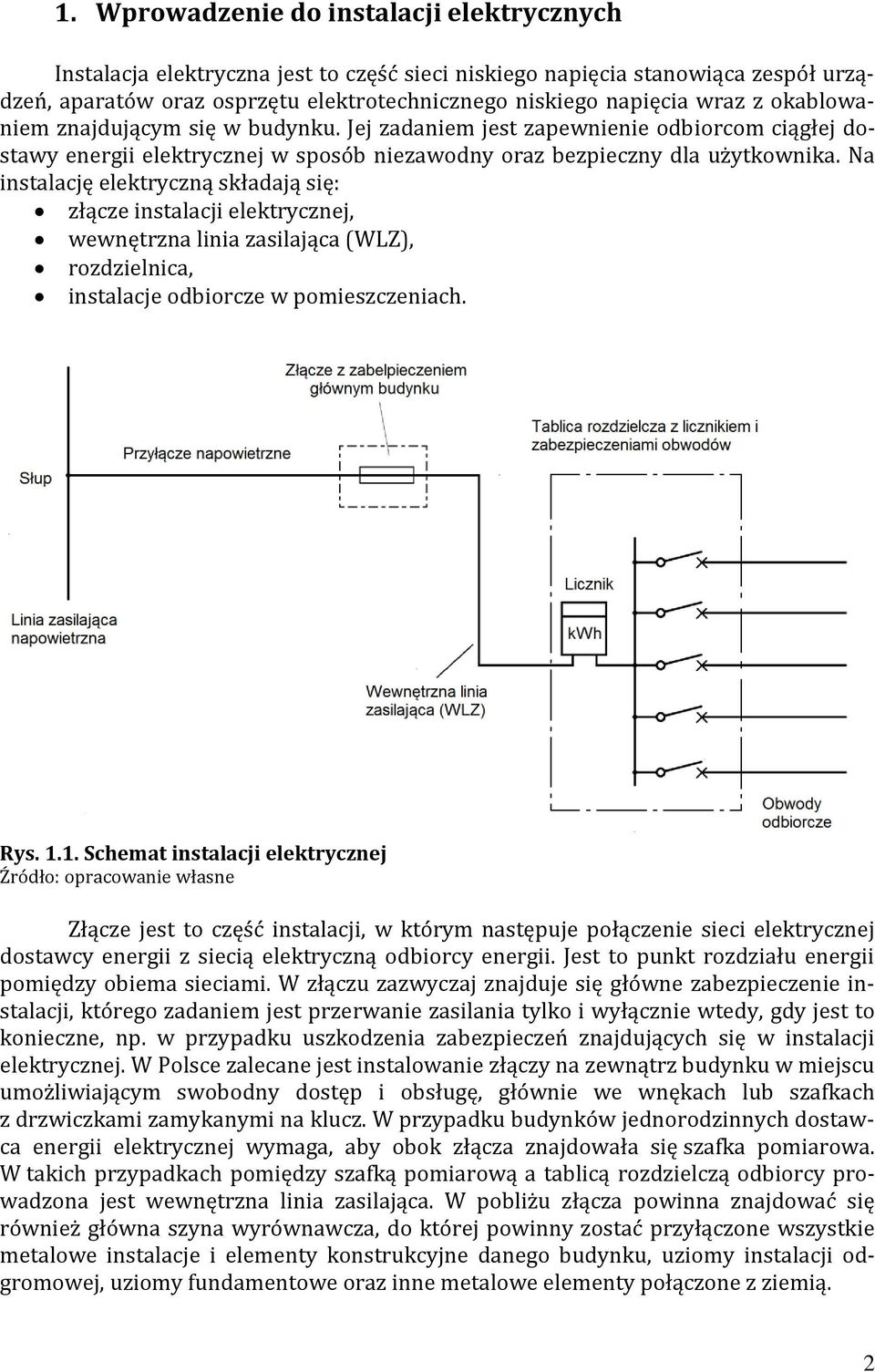 Na instalację elektryczną składają się: złącze instalacji elektrycznej, wewnętrzna linia zasilająca (WLZ), rozdzielnica, instalacje odbiorcze w pomieszczeniach. Rys. 1.