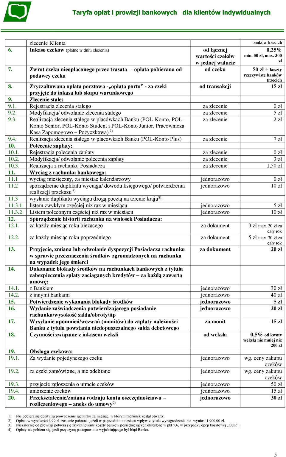 Zryczałtowana opłata pocztowa - opłata porto - za czeki przyjęte do inkasa lub skupu warunkowego od transakcji 9. Zlecenie stałe: 9.1. Rejestracja zlecenia stałego za zlecenie 0 zł 9.2.