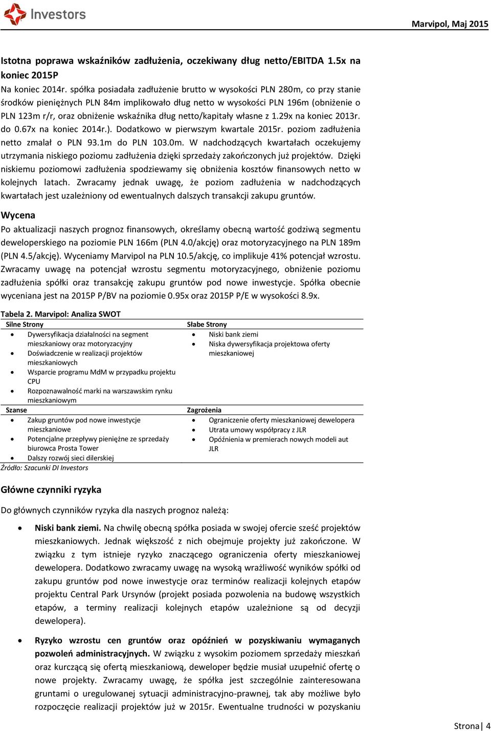 dług netto/kapitały własne z 1.29x na koniec 2013r. do 0.67x na koniec 2014r.). Dodatkowo w pierwszym kwartale 2015r. poziom zadłużenia netto zmalał o PLN 93.1m do PLN 103.0m.