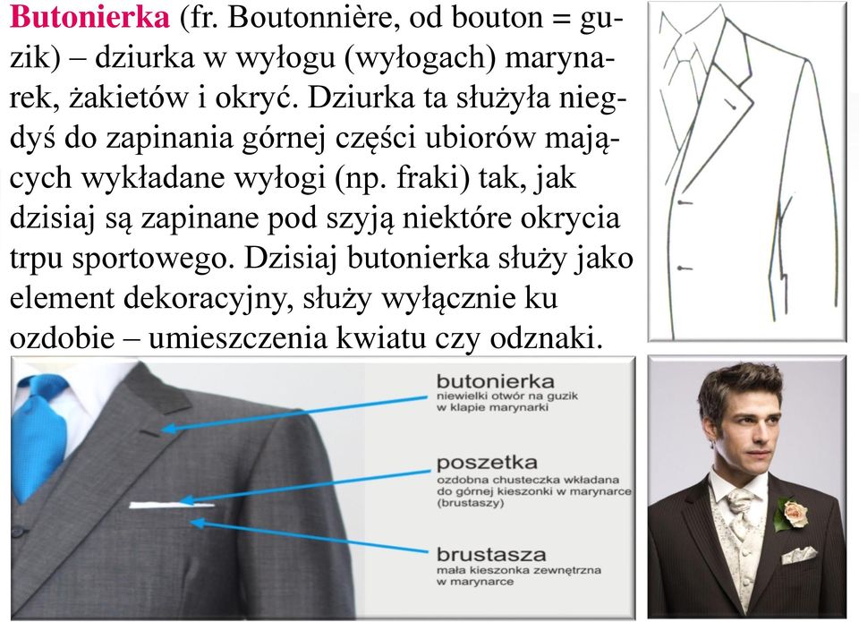 Dziurka ta służyła niegdyś do zapinania górnej części ubiorów mających wykładane wyłogi (np.