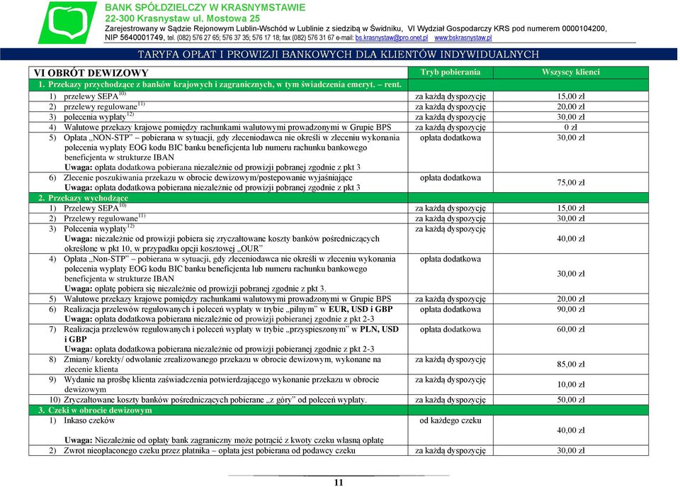 rachunkami walutowymi prowadzonymi w Grupie BPS za każdą dyspozycję 0 zł 5) Opłata NON-STP pobierana w sytuacji, gdy zleceniodawca nie określi w zleceniu wykonania polecenia wypłaty EOG kodu BIC