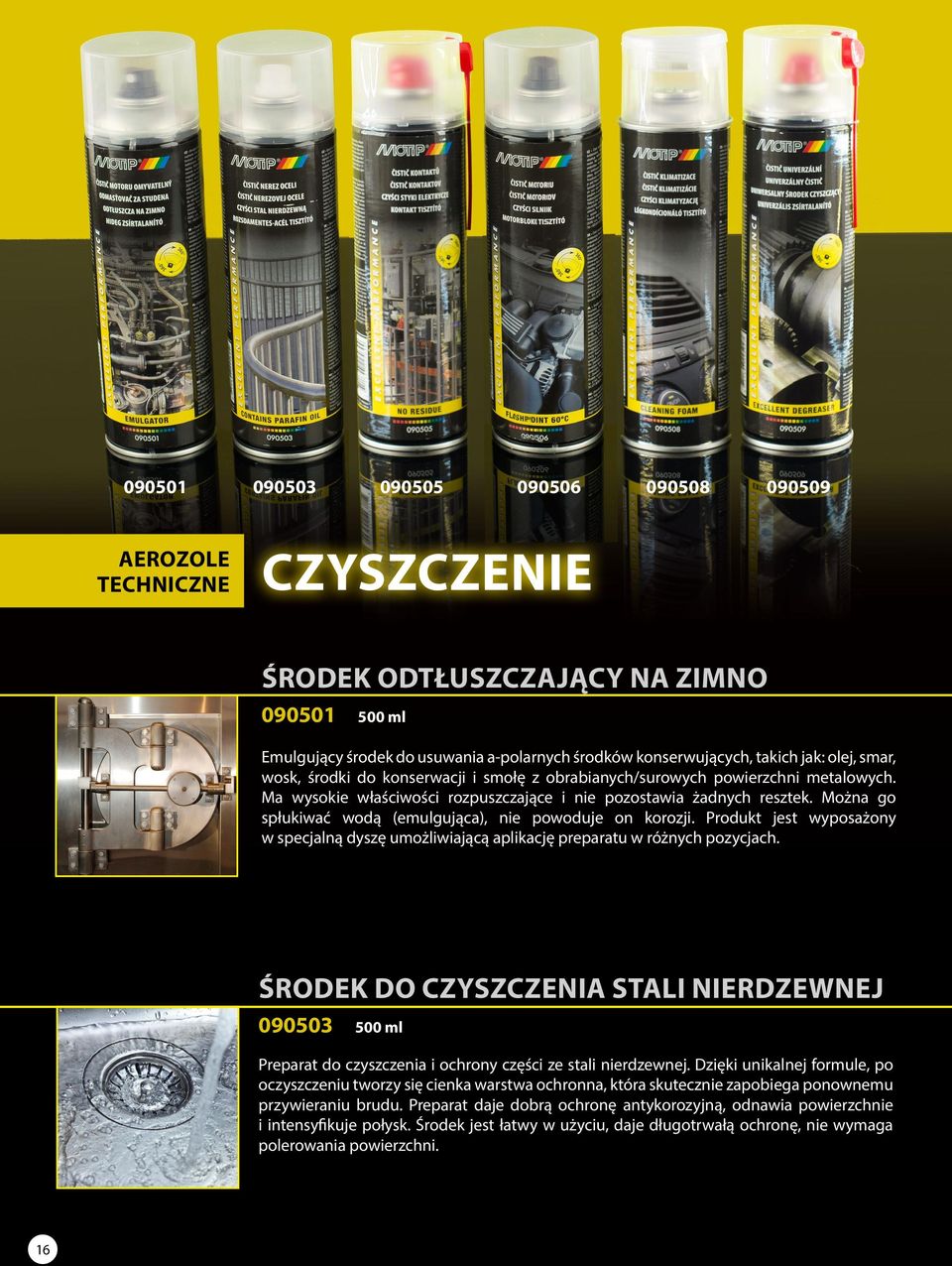 Można go spłukiwać wodą (emulgująca), nie powoduje on korozji. Produkt jest wyposażony w specjalną dyszę umożliwiającą aplikację preparatu w różnych pozycjach.