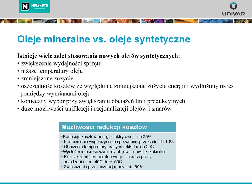 względu na zmniejszone zużycie energii i wydłużony okres pomiędzy wymianami oleju konieczny wybór przy zwiększaniu obciążeń linii produkcyjnych duże możliwości unifikacji i