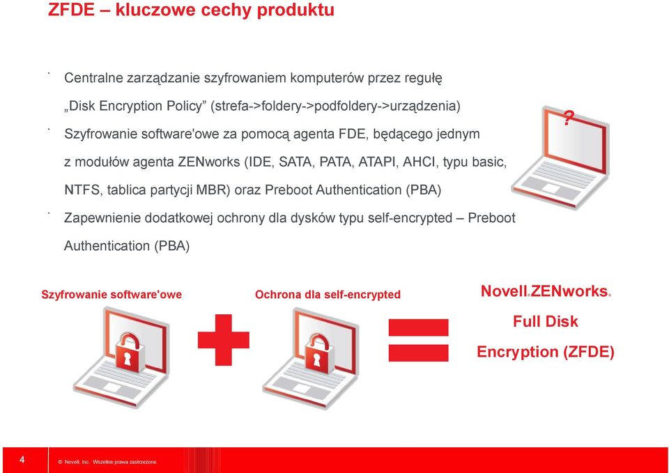 Szyfrowanie software'owe za pomocą agenta FDE, będącego jednym z modułów agenta ZENworks (IDE, SATA, PATA, ATAPI, AHCI, typu basic,