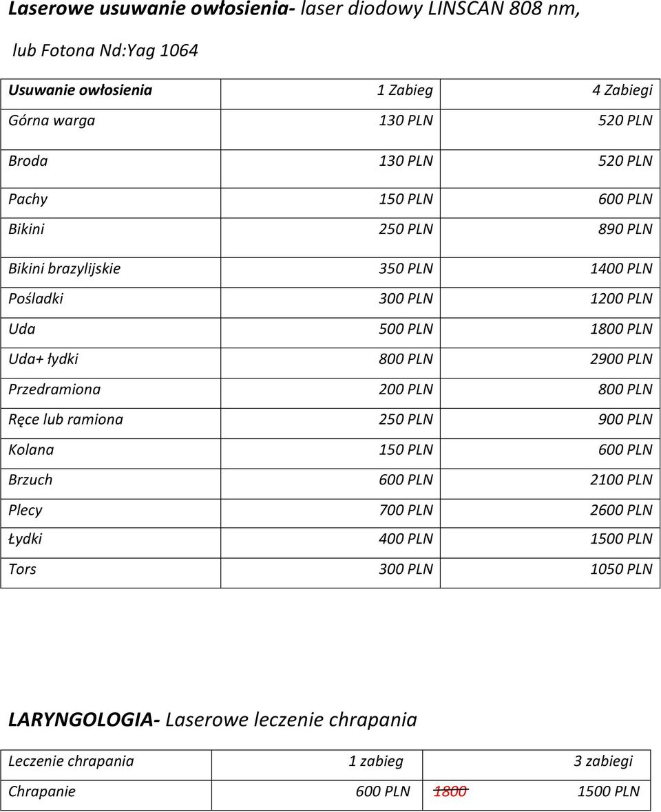 Uda+ łydki 800 PLN 2900 PLN Przedramiona 200 PLN 800 PLN Ręce lub ramiona 250 PLN 900 PLN Kolana 150 PLN 600 PLN Brzuch 600 PLN 2100 PLN Plecy 700 PLN