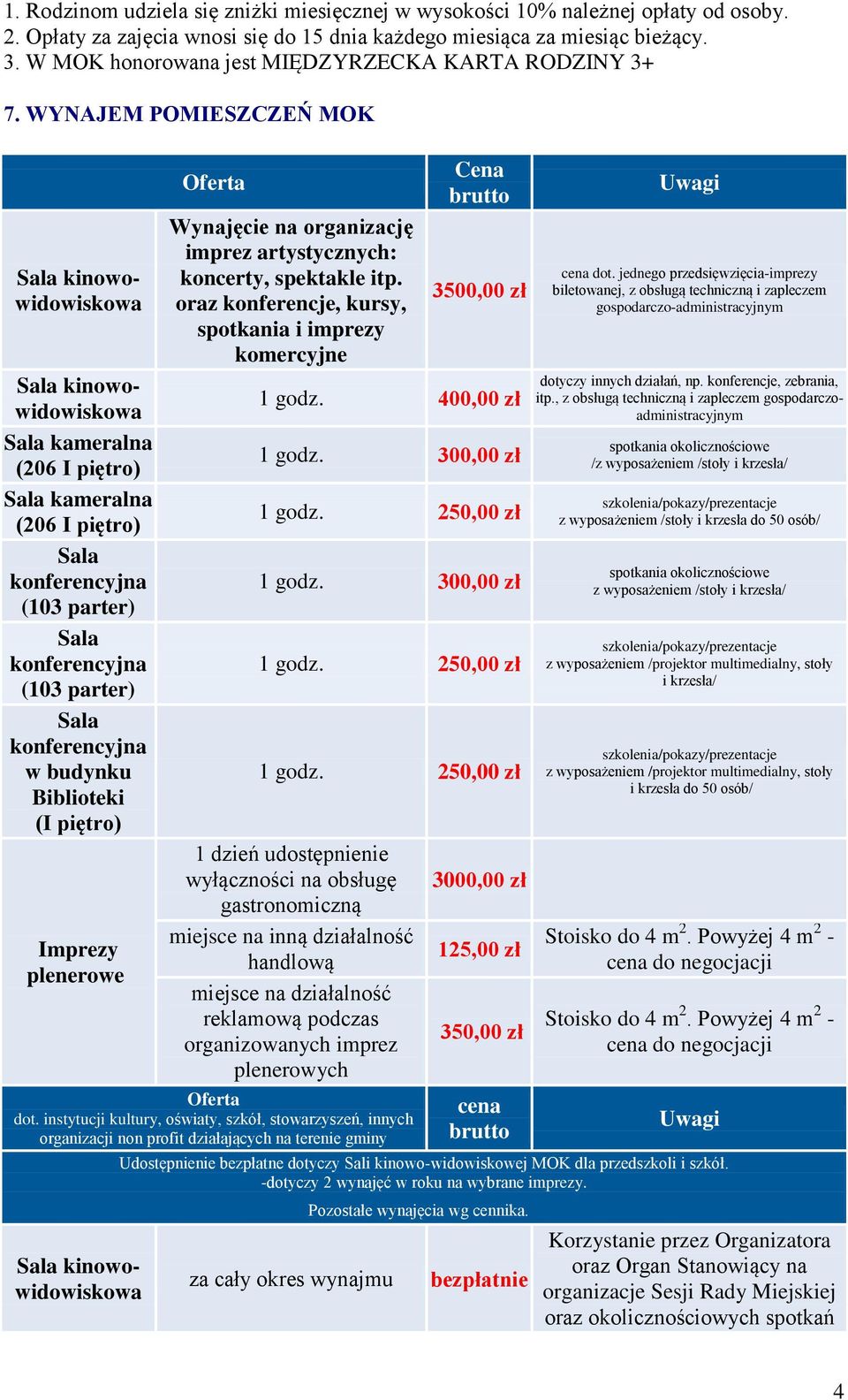 WYNAJEM POMIESZCZEŃ MOK kinowowidowiskowa kinowowidowiskowa kameralna (206 I piętro) kameralna (206 I piętro) (103 parter) (103 parter) w budynku Biblioteki (I piętro) Imprezy plenerowe Wynajęcie na