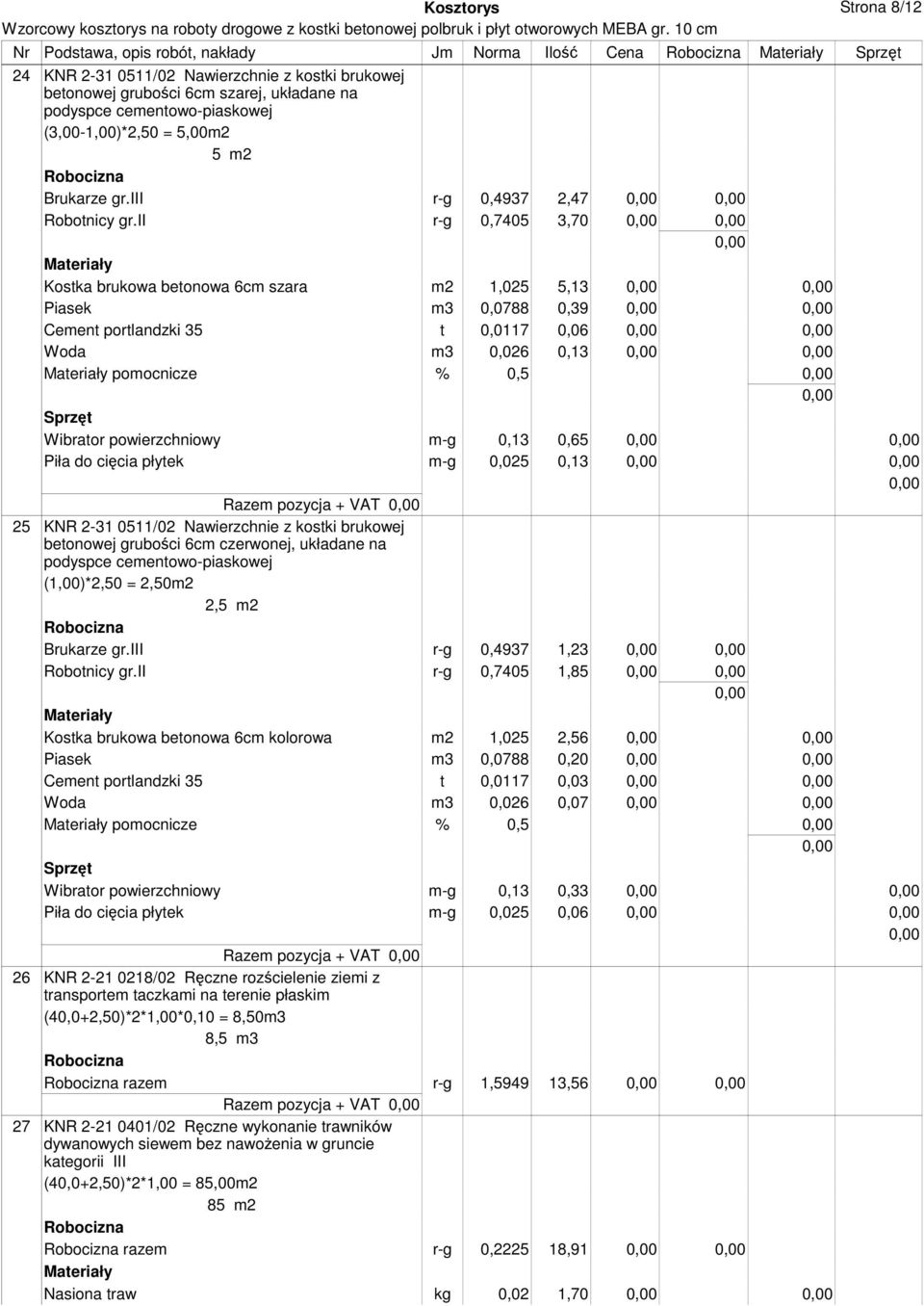 ii r-g 0,7405 3,70 Kostka brukowa betonowa 6cm szara m2 1,025 5,13 Piasek m3 0,0788 0,39 Cement portlandzki 35 t 0,0117 0,06 Woda m3 0,026 0,13 pomocnicze % 0,5 Wibrator powierzchniowy m-g 0,13 0,65