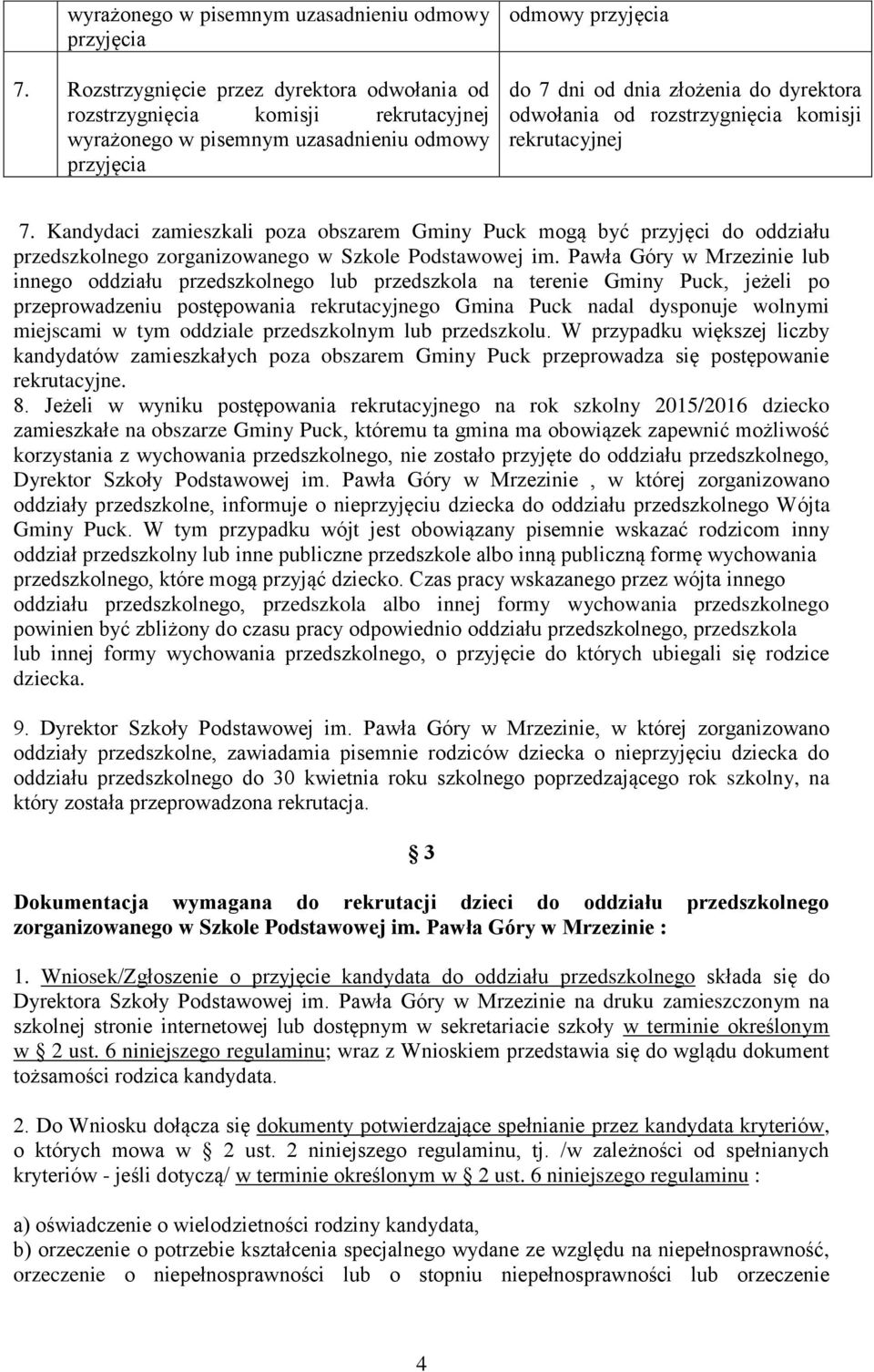 odwołania od rozstrzygnięcia komisji rekrutacyjnej 7. Kandydaci zamieszkali poza obszarem Gminy Puck mogą być przyjęci do oddziału przedszkolnego zorganizowanego w Szkole Podstawowej im.