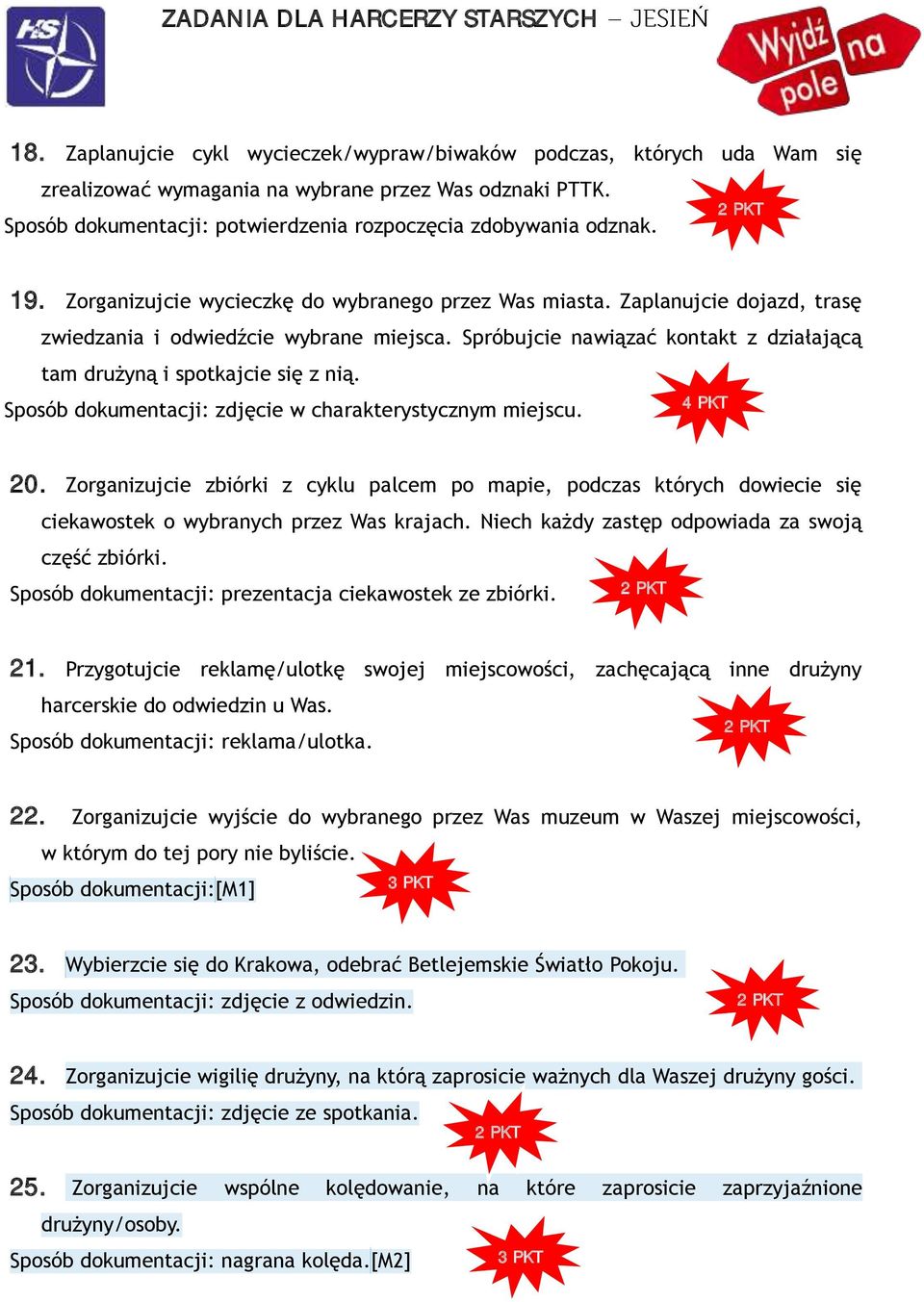 Spróbujcie nawiązać kontakt z działającą tam drużyną i spotkajcie się z nią. Sposób dokumentacji: zdjęcie w charakterystycznym miejscu. 20.