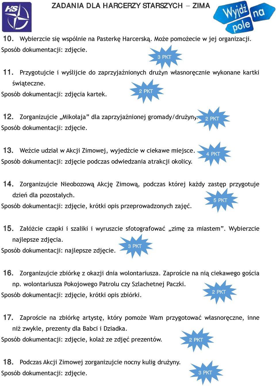 Sposób dokumentacji: zdjęcie podczas odwiedzania atrakcji okolicy. 14. Zorganizujcie Nieobozową Akcję Zimową, podczas której każdy zastęp przygotuje dzień dla pozostałych.