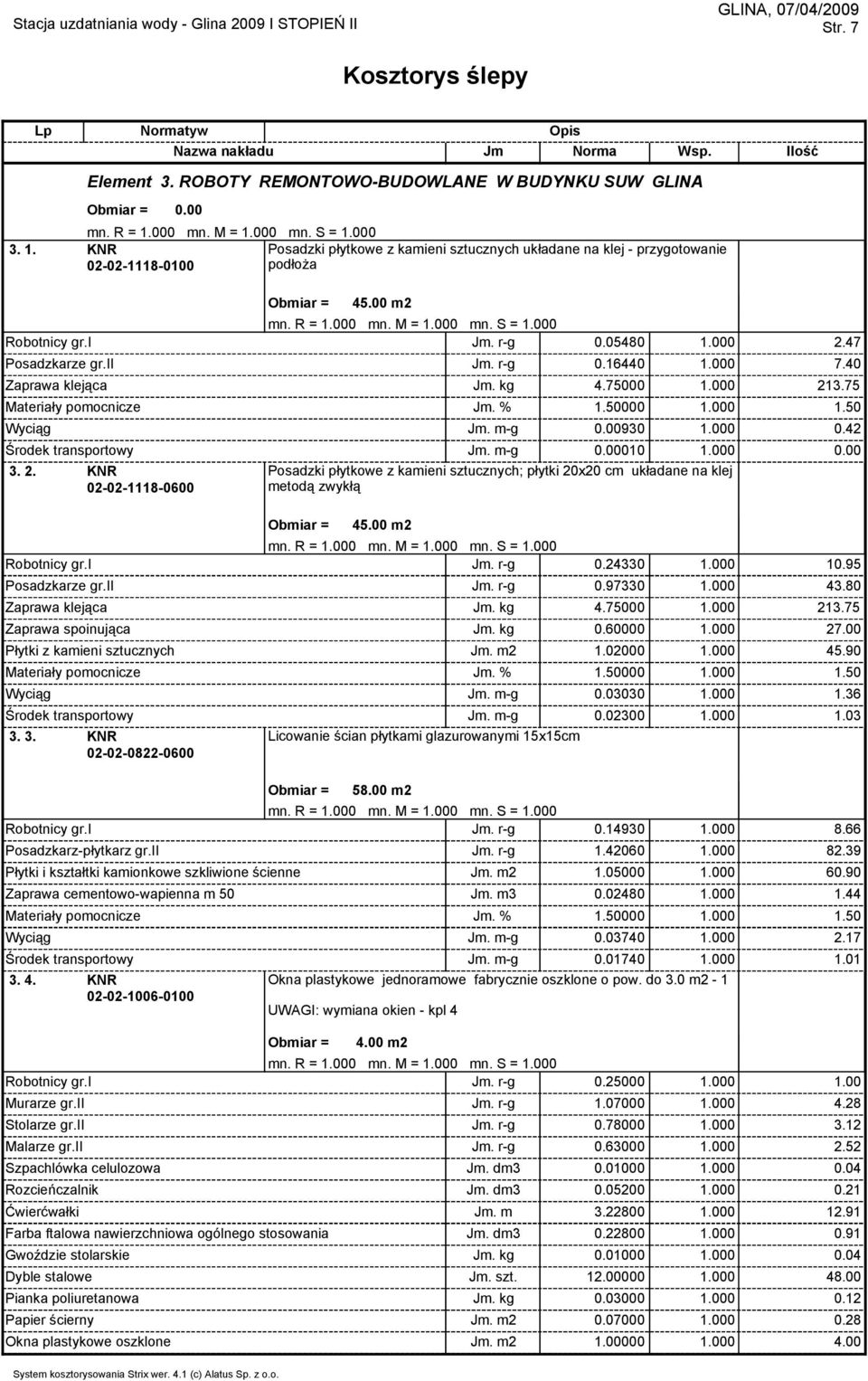 2. KNR 02-02-1118-0600 Posadzki płytkowe z kamieni sztucznych; płytki 20x20 cm układane na klej metodą zwykłą 45.00 m2 Robotnicy gr.i Jm. r-g 0.24330 1.000 10.95 Posadzkarze gr.ii Jm. r-g 0.97330 1.