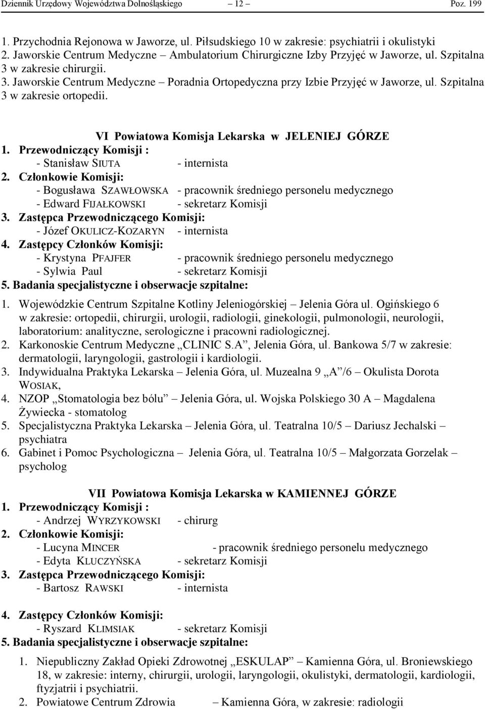 Szpitalna 3 w zakresie ortopedii. VI Powiatowa Komisja Lekarska w JELENIEJ GÓRZE 1.