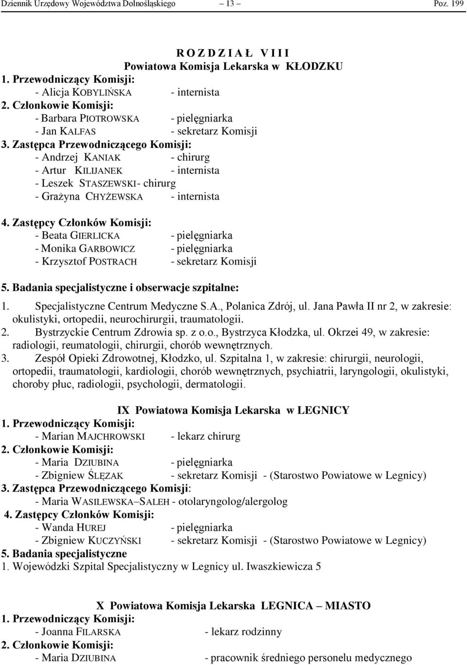 Artur KILIJANEK - internista - Leszek STASZEWSKI - chirurg - Grażyna CHYŻEWSKA - internista - Beata GIERLICKA - pielęgniarka - Monika GARBOWICZ - pielęgniarka - Krzysztof POSTRACH - sekretarz Komisji