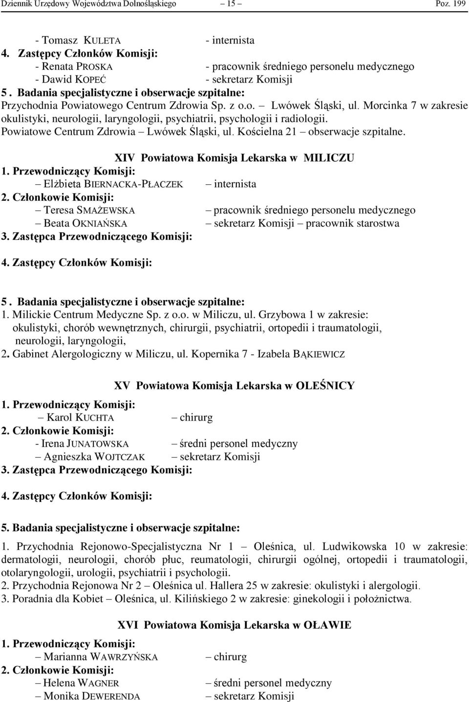 Morcinka 7 w zakresie okulistyki, neurologii, laryngologii, psychiatrii, psychologii i radiologii. Powiatowe Centrum Zdrowia Lwówek Śląski, ul. Kościelna 21 obserwacje szpitalne.