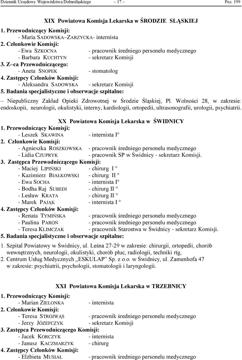 Z ca Przewodniczącego: - Aneta SNOPEK - stomatolog - Aleksandra SADOWSKA - sekretarz Komisji Niepubliczny Zakład Opieki Zdrowotnej w Środzie Śląskiej, Pl.