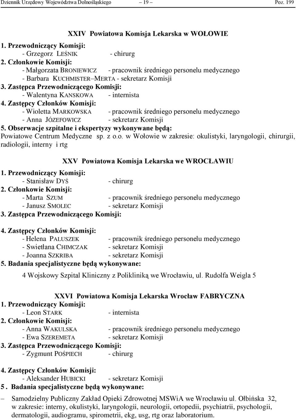 KANSKOWA - internista - Wioletta MARKOWSKA - pracownik średniego personelu medycznego - Anna JÓZEFOWICZ - sekretarz Komisji 5.