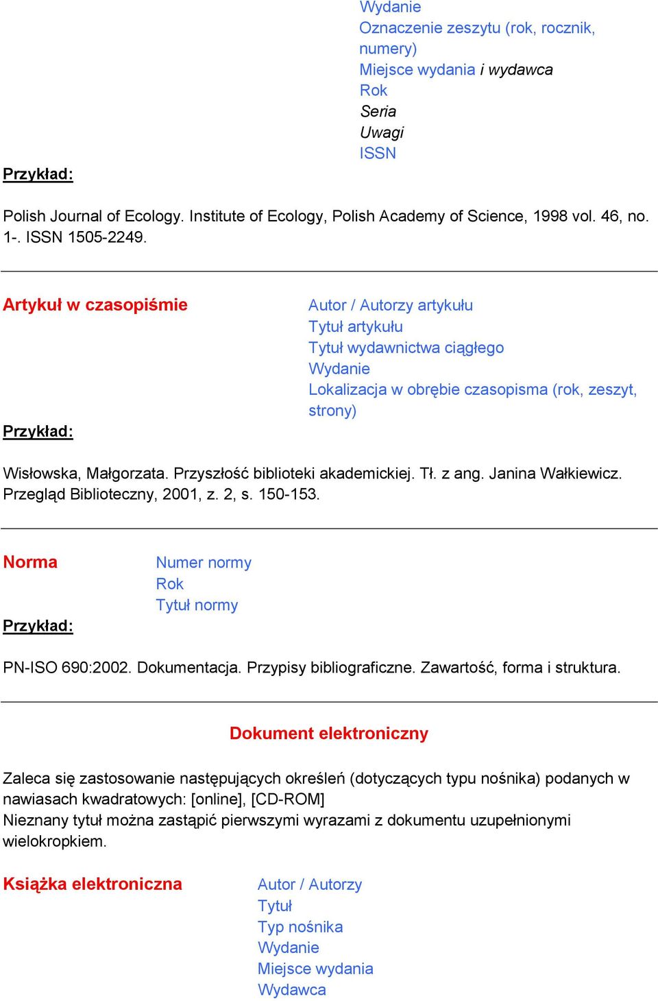 Janina Wałkiewicz. Przegląd Biblioteczny, 2001, z. 2, s. 150-153. Norma Numer normy Rok normy PN-ISO 690:2002. Dokumentacja. Przypisy bibliograficzne. Zawartość, forma i struktura.