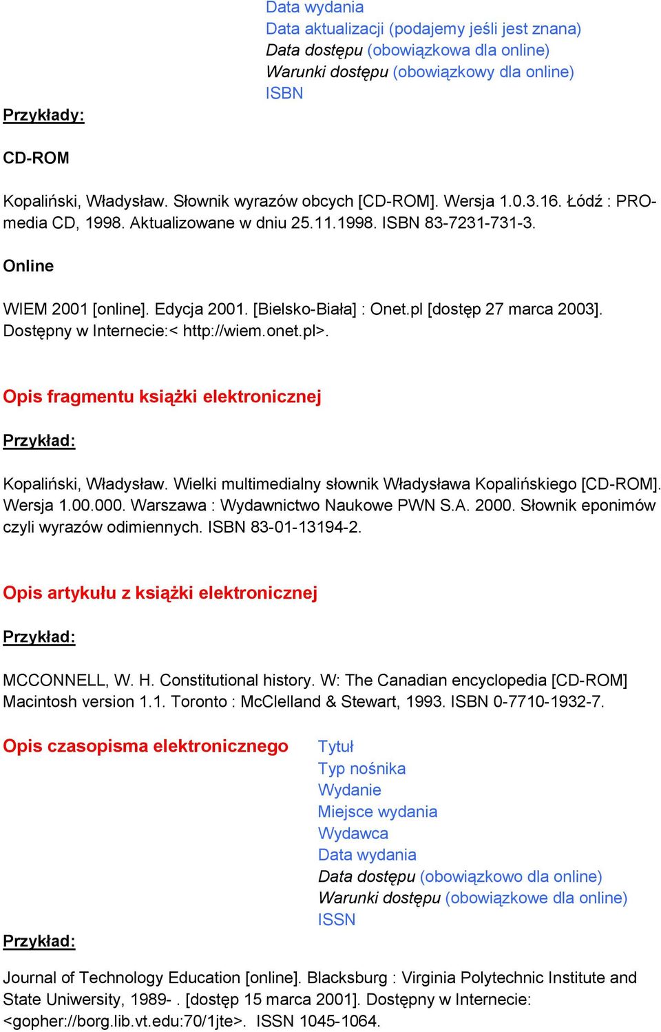 pl [dostęp 27 marca 2003]. Dostępny w Internecie:< http://wiem.onet.pl>. Opis fragmentu książki elektronicznej Kopaliński, Władysław. Wielki multimedialny słownik Władysława Kopalińskiego [CD-ROM].