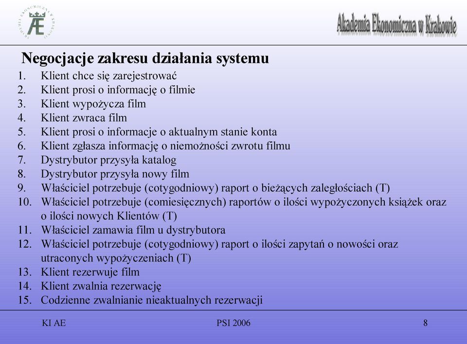 Właściciel potrzebuje (cotygodniowy) raport o bieżących zaległościach (T) 10. Właściciel potrzebuje (comiesięcznych) raportów o ilości wypożyczonych książek oraz o ilości nowych Klientów (T) 11.