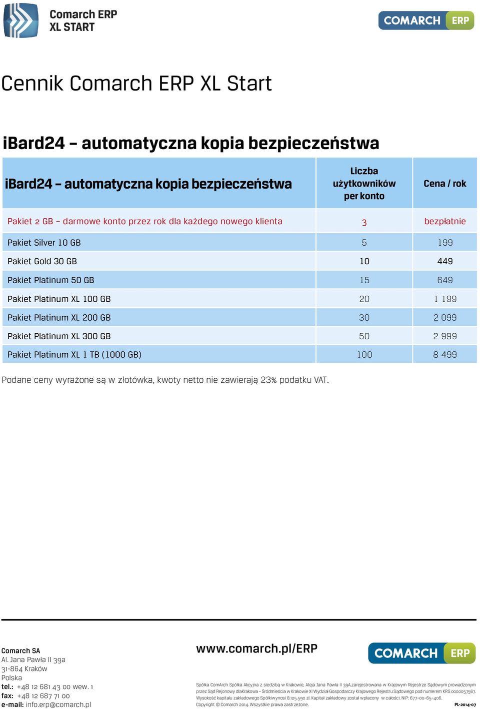 Pakiet Platinum XL 1 TB (1000 GB) 100 8 499 Podane ceny wyrażone są w złotówka, kwoty netto nie zawierają 23% podatku VAT. Comarch SA Al. Jana Pawła II 39a 31-864 Kraków Polska tel.