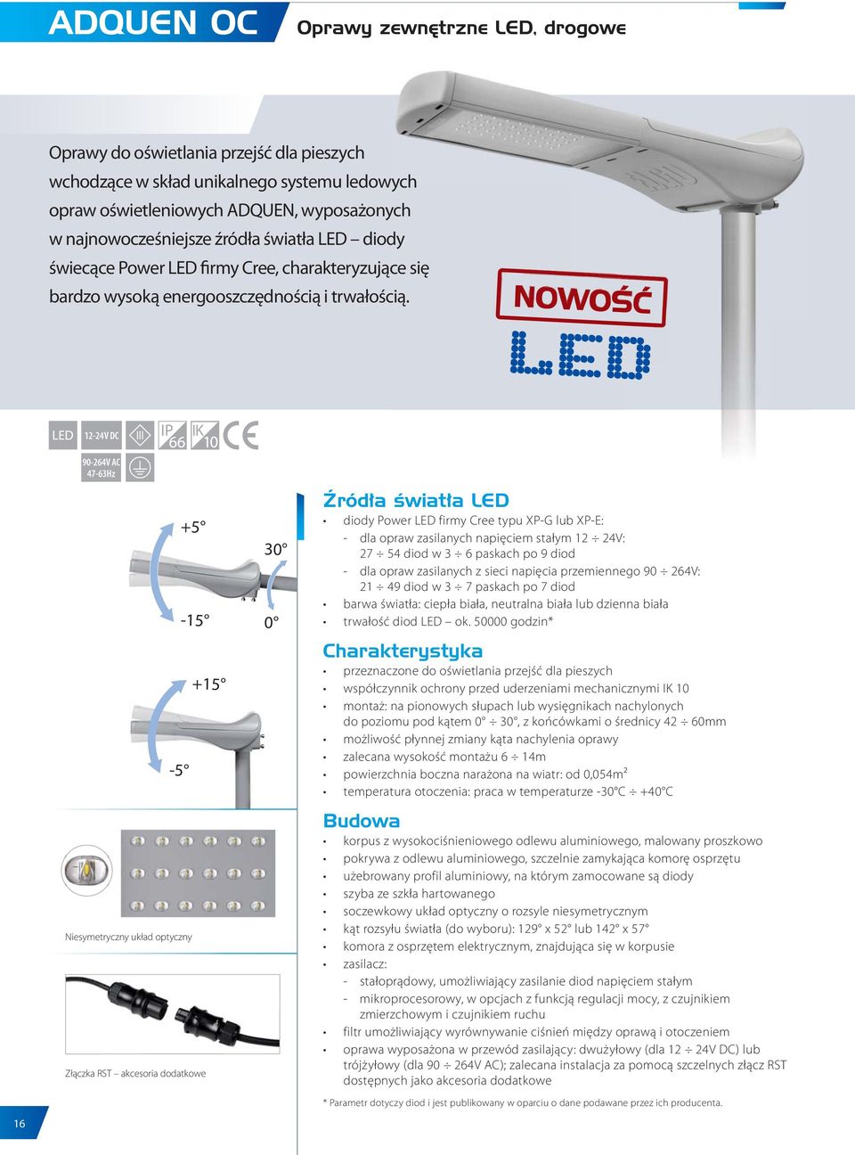 12-24V DC IK 90-264V AC 47-63Hz +5-15 +15-5 Niesymetryczny układ optyczny Złączka RST akcesoria dodatkowe 30 0 Źródła światła LED diody Power LED firmy Cree typu XP-G lub XP-E: - dla opraw zasilanych