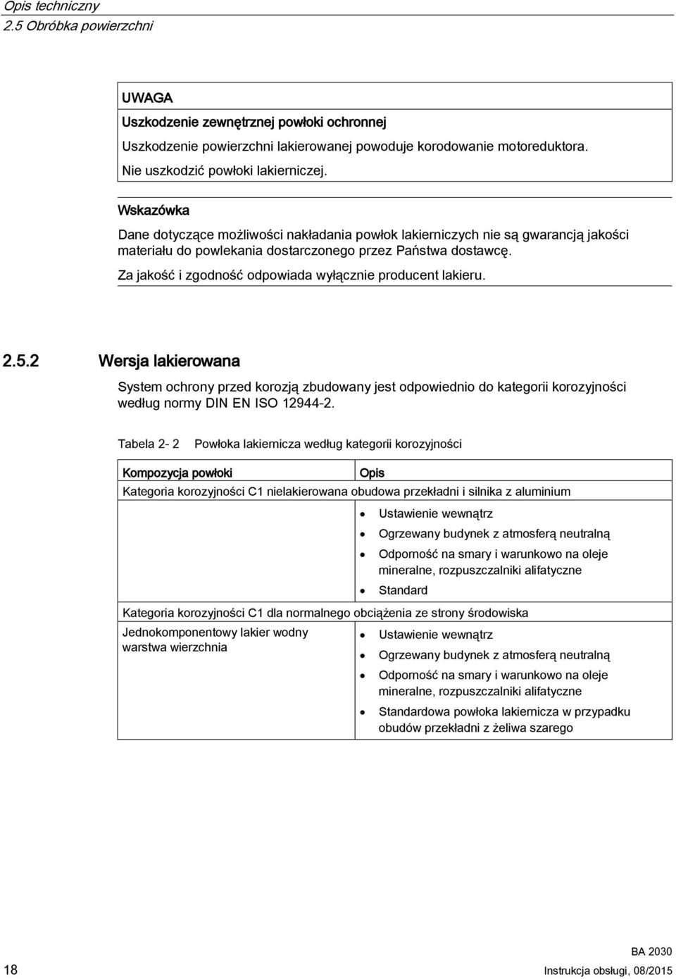 Za jakość i zgodność odpowiada wyłącznie producent lakieru. 2.5.2 Wersja lakierowana System ochrony przed korozją zbudowany jest odpowiednio do kategorii korozyjności według normy DIN EN ISO 12944-2.
