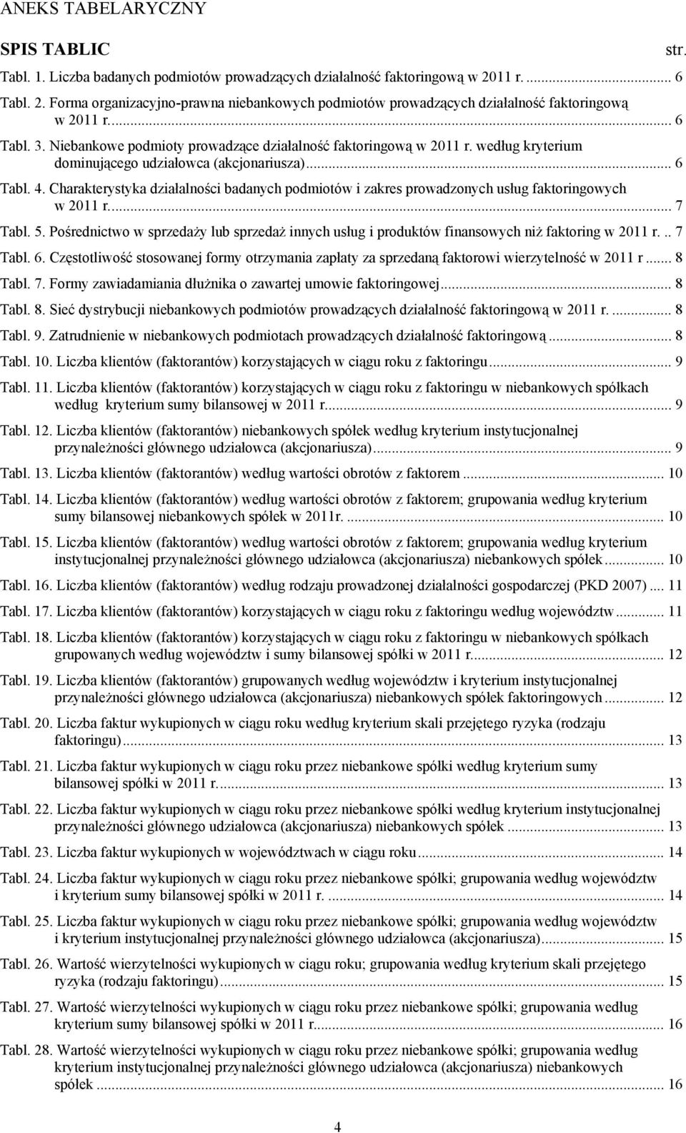 według kryterium dominującego udziałowca (akcjonariusza)... 6 Tabl. 4. Charakterystyka działalności badanych podmiotów i zakres prowadzonych usług faktoringowych w 20 r.... 7 Tabl. 5.