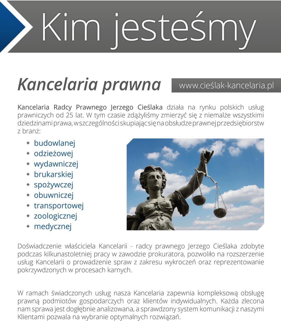 spożywczej obuwniczej transportowej zoologicznej medycznej Doświadczenie właściciela Kancelarii - radcy prawnego Jerzego Cieślaka zdobyte podczas kilkunastoletniej pracy w zawodzie prokuratora,
