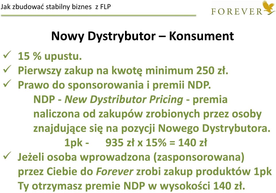 NDP - New Dystributor Pricing - premia naliczona od zakupów zrobionych przez osoby znajdujące się na