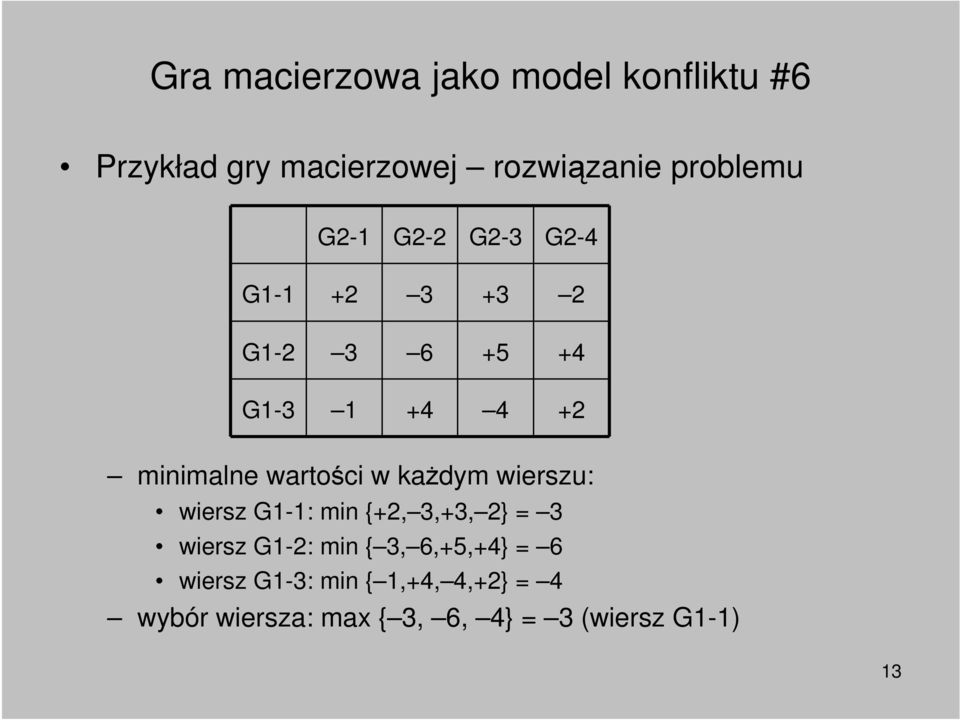 kaŝdym wierszu: wiersz G1-1: min {+2, 3,+3, 2} = 3 wiersz G1-2: min { 3, 6,+5,+4} = 6