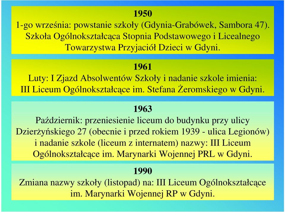 1961 Luty: I Zjazd Absolwentów Szkoły i nadanie szkole imienia: III Liceum Ogólnokształcące im. Stefana śeromskiego w Gdyni.