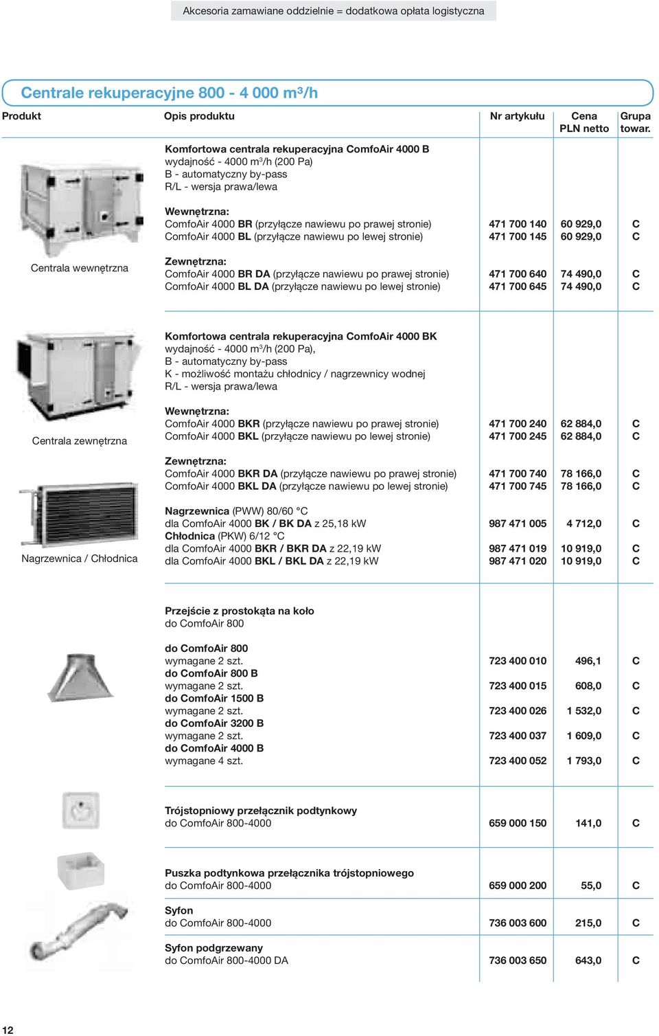 (przyłącze nawiewu po prawej stronie) 471 700 640 74 490,0 C ComfoAir 4000 BL DA (przyłącze nawiewu po lewej stronie) 471 700 645 74 490,0 C Komfortowa centrala rekuperacyjna ComfoAir 4000 BK