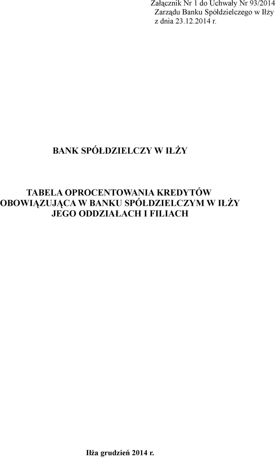 BANK SPÓŁDZIELCZY W IŁŻY TABELA OPROCENTOWANIA KREDYTÓW