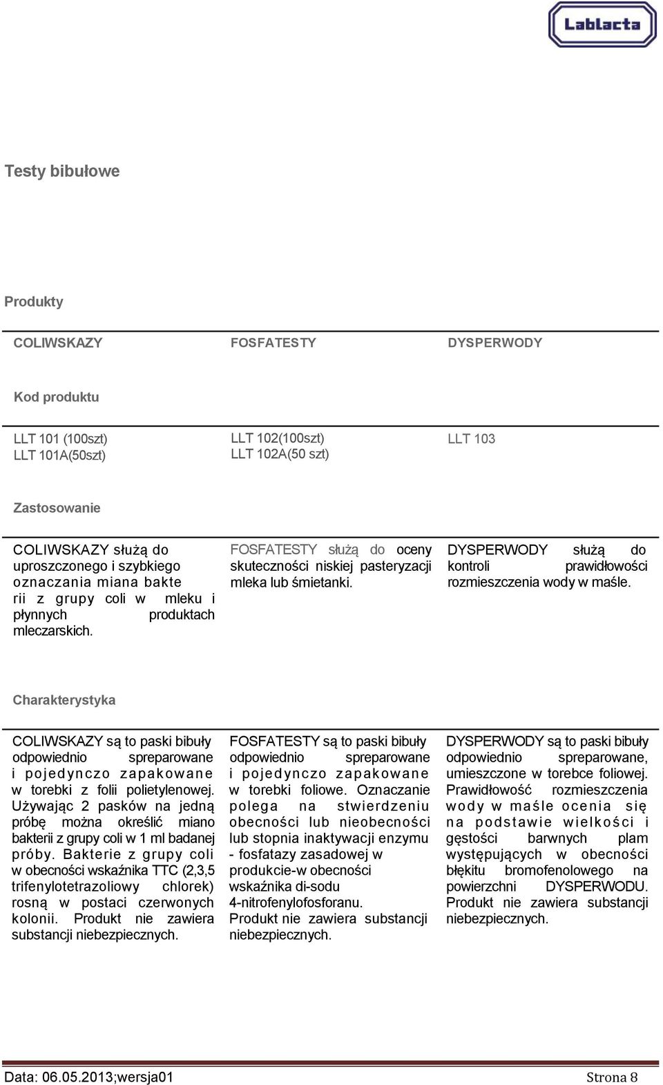 DYSPERWODY służą do kontroli prawidłowości rozmieszczenia wody w maśle. Charakterystyka COLIWSKAZY są to paski bibuły odpowiednio spreparowane i pojedynczo zapakowane w torebki z folii polietylenowej.