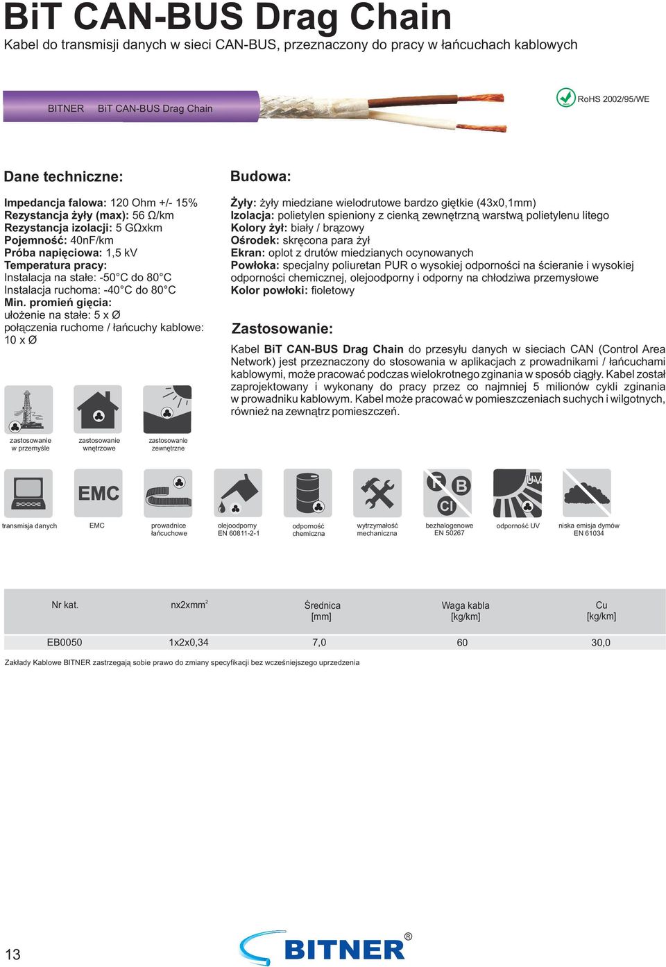 ruchome / łańcuchy kablowe: 10 x Ø Żyły: żyły miedziane wielodrutowe bardzo giętkie (43x0,1mm) Izolacja: polietylen spieniony z cienką zewnętrzną warstwą polietylenu litego Kolory żył: biały /