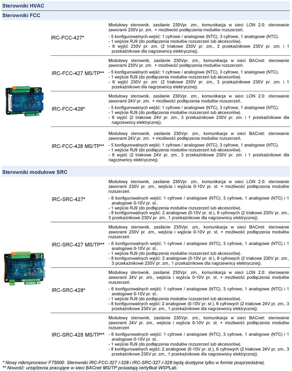 zm. i 1 przekaźnikowe dla nagrzewnicy elektrycznej). Modułowy sterownik, zasilanie 230Vpr. zm., komunikacja w sieci BACnet: sterowanie zaworami 230V pr.  zm.