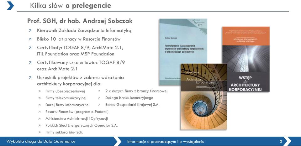 1, ITIL Foundation oraz MSP Foundation Certyfikowany szkoleniowiec TOGAF 8/9 oraz ArchiMate 2.