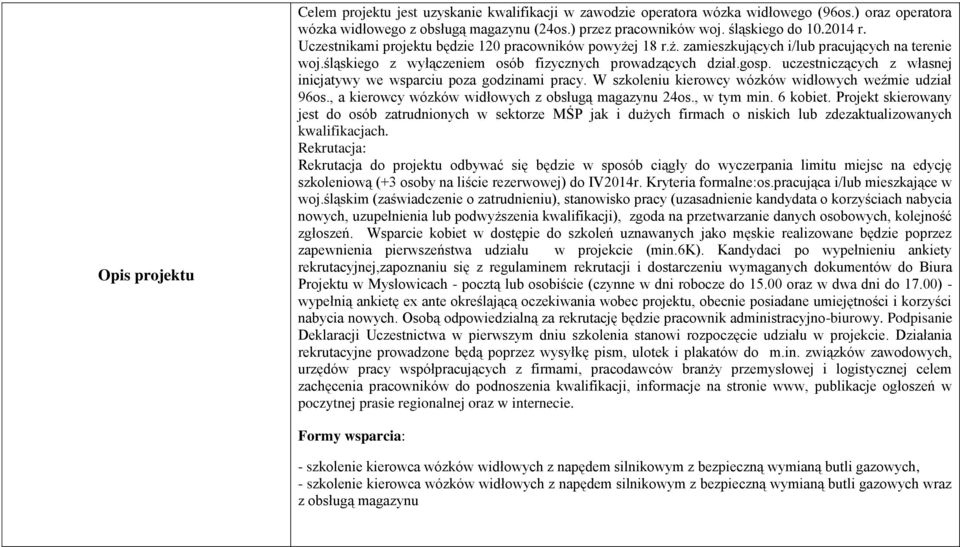 uczestniczących z własnej inicjatywy we wsparciu poza godzinami pracy. W szkoleniu kierowcy wózków widłowych weźmie udział 96os., a kierowcy wózków widłowych z obsługą magazynu 24os., w tym min.