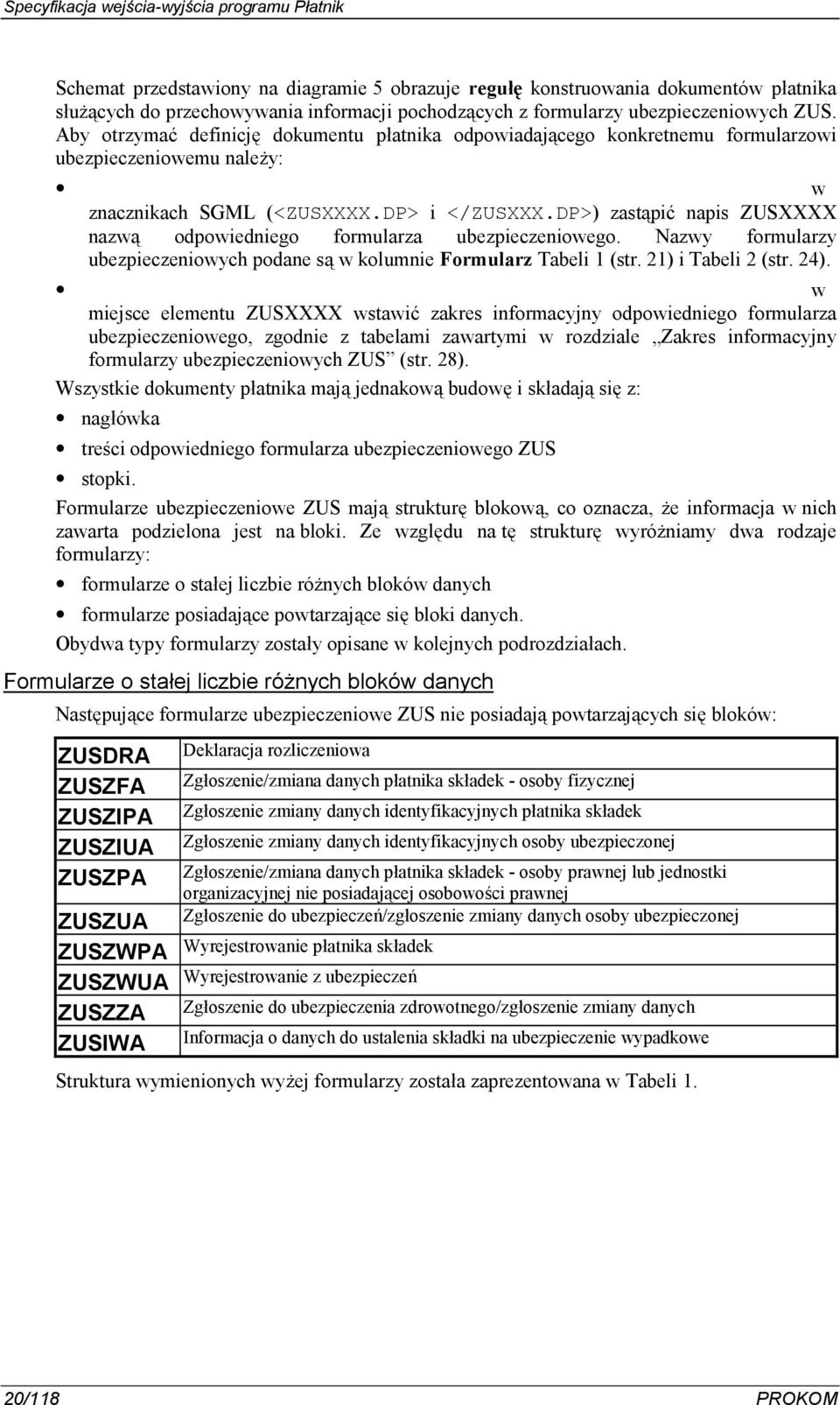 DP>) zast'pit napis ZUSXXXX nazw' odpowiedniego formularza ubezpieczeniowego. Nazwy formularzy ubezpieczeniowych podane s' w kolumnie Formularz Tabeli 1 (str. 21) i Tabeli 2 (str. 24).