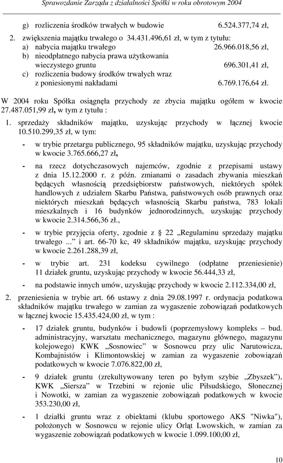 301,41 zł, c) rozliczenia budowy \rodków trwałych wraz z poniesionymi nakładami 6.769.176,64 zł. W 2004 roku Spółka osi^gn]ła przychody ze zbycia maj^tku ogółem w kwocie 27.487.